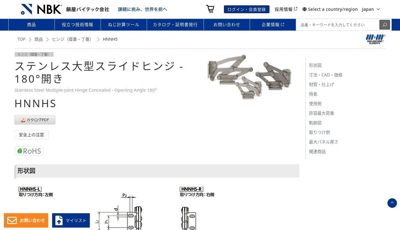 HNNHS_ステンレス大型スライドヒンジ - 180°開き|NBK【鍋屋