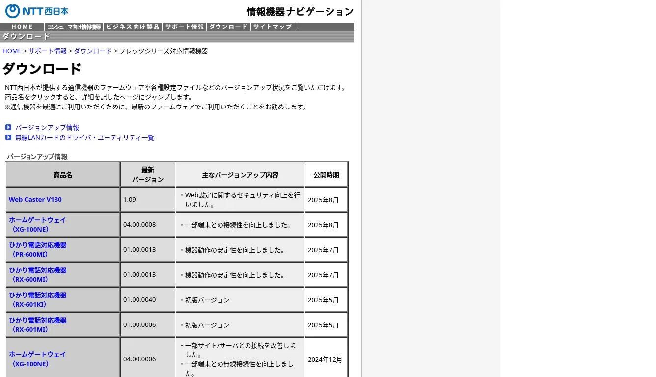 NTT西日本】ダウンロードページ（フレッツシリーズ対応情報機器